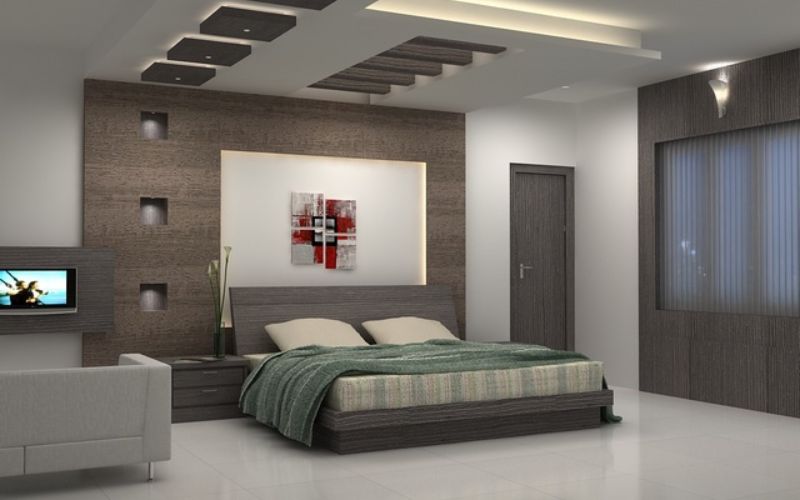 Trần thạch cao kết hợp gam màu tối cho phòng ngủ hiện đại